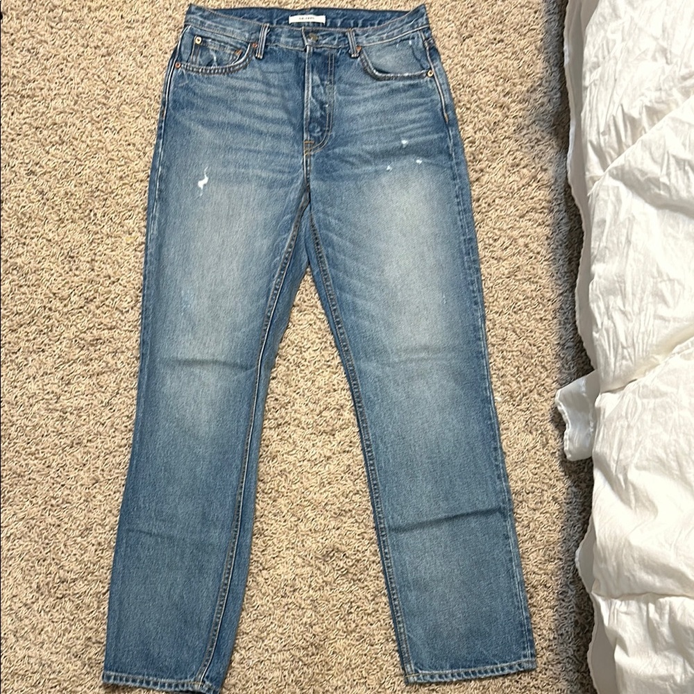 Blue Straight Leg Jeans with Mid to High Rise Fit